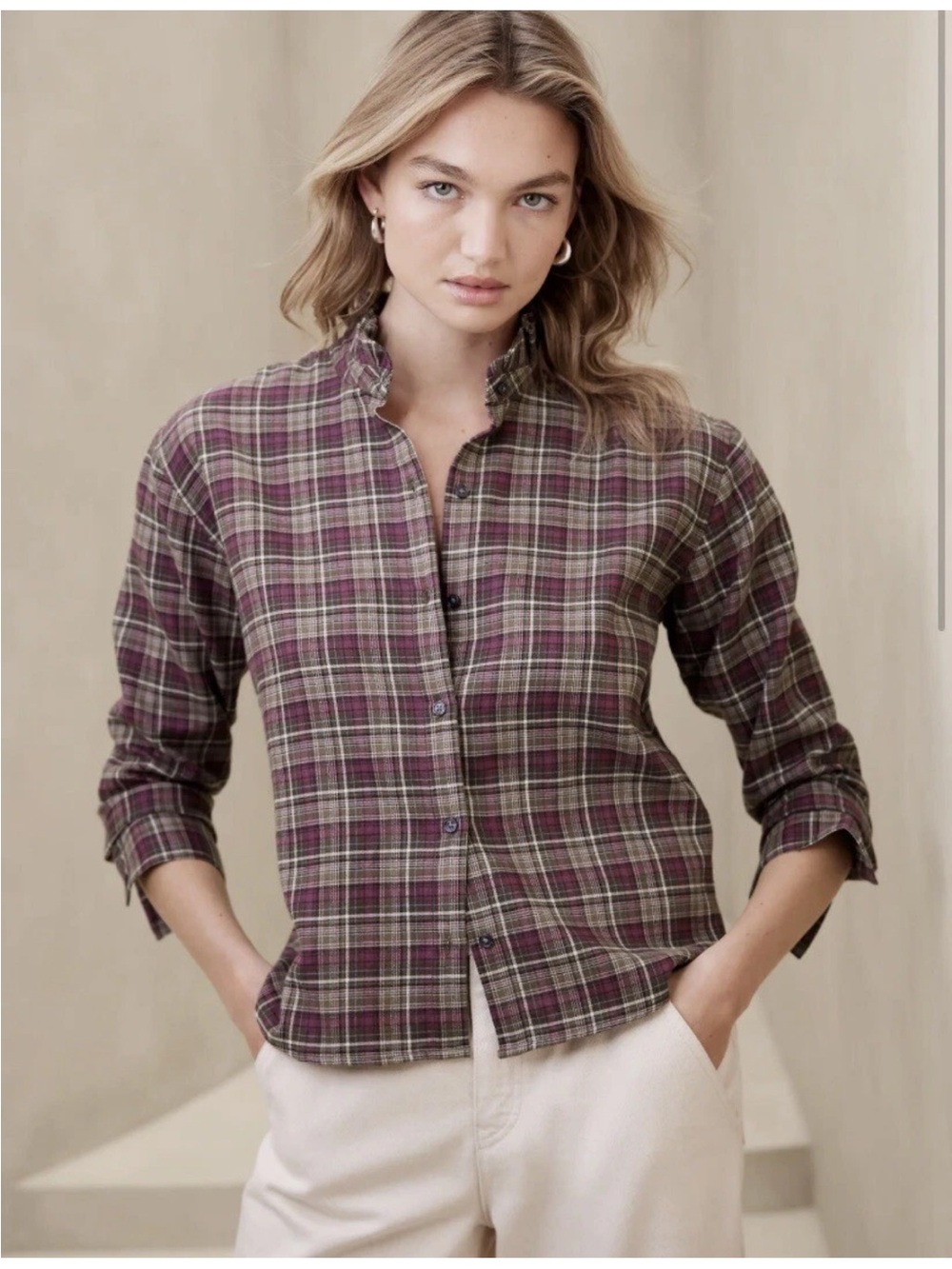 BANANA REPUBLIC Womens Flannel Shirt Sugar Plum Feminine Ruffle Trim Medium - Picture 9 of 11